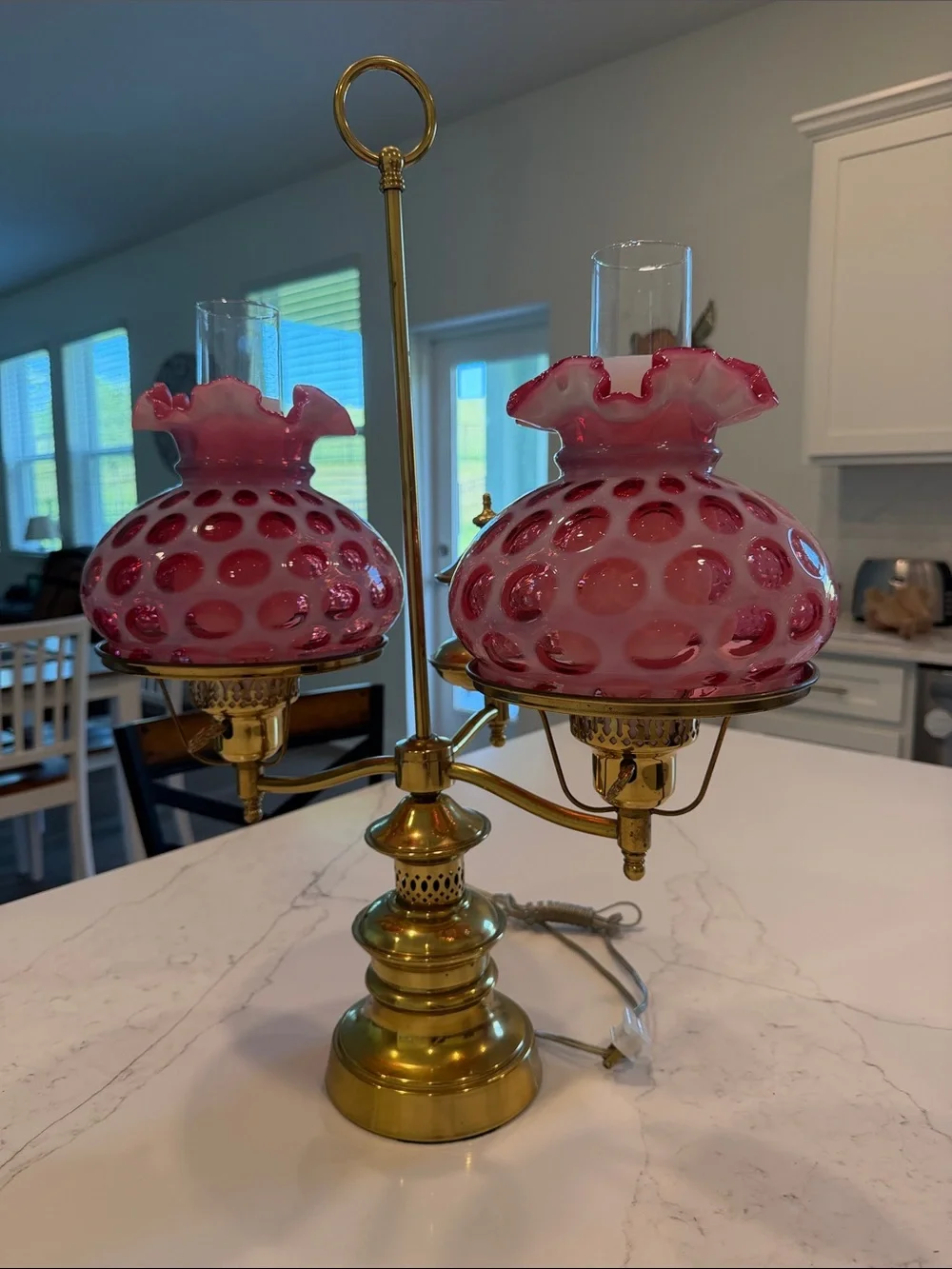 Vintage-Style Pink Fenton Double Oil Lamp with Brass Base